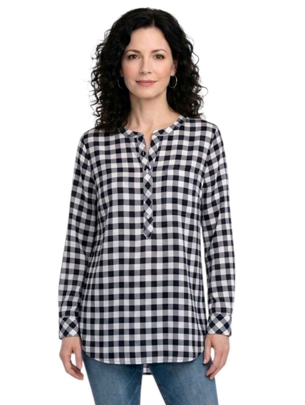 Talbots Navy Blue Plaid Button Neck Long Sleeve Popover Tunic Shirt Size M